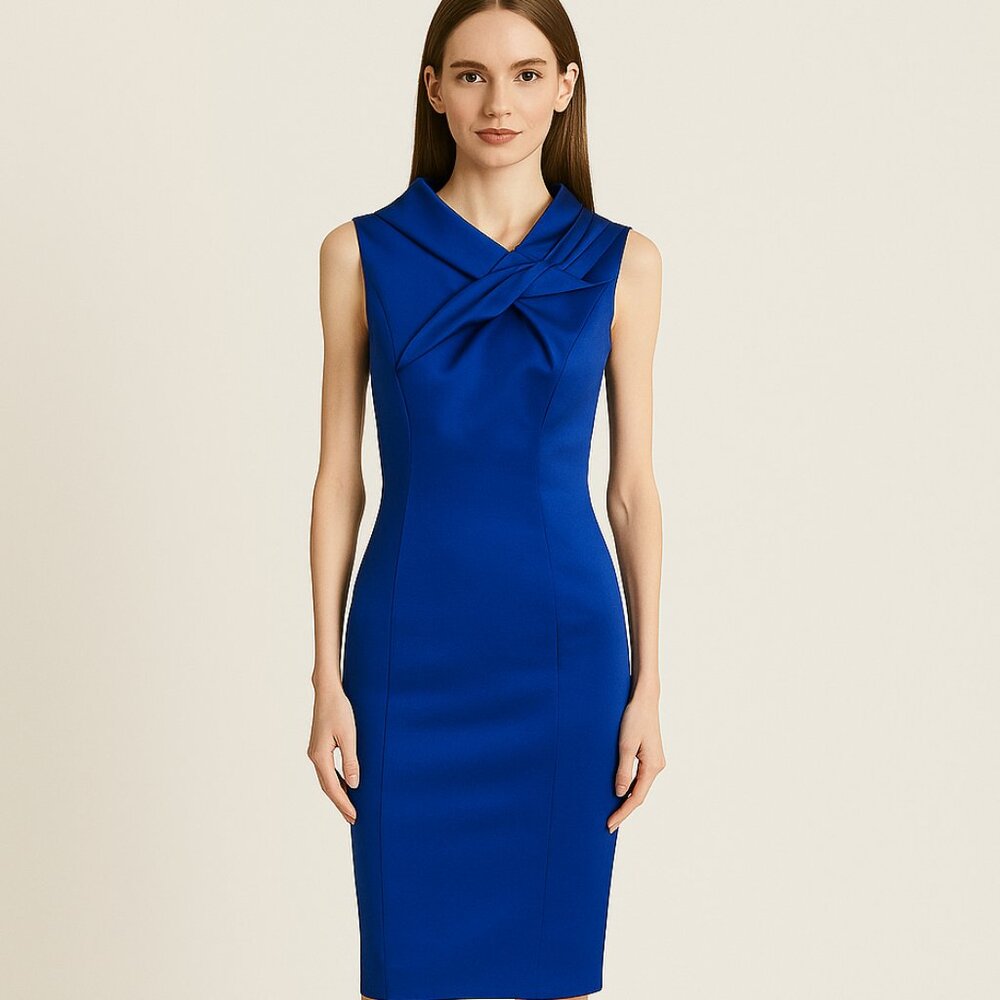 Stunning Karen Millen Electric Blue Satin Folded Collar Sleeveless Dress Size 4